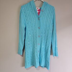 Quacker Factory XS Button Front Long Cardigan Sweater Blue Sequined Hooded  READ
